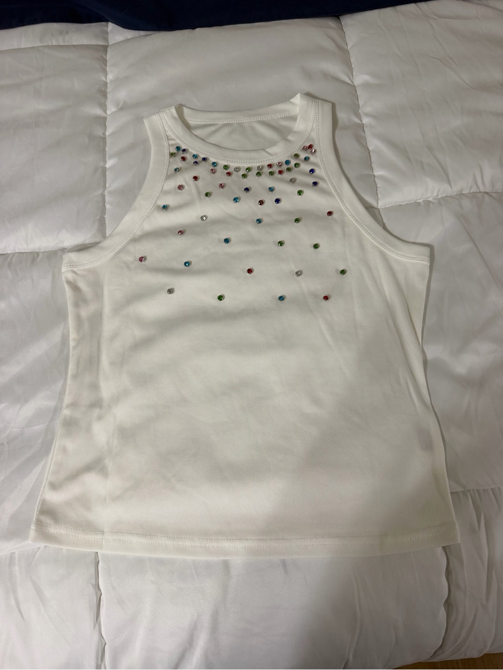 Women’s White Tank Top with Multicolor Gem Accents